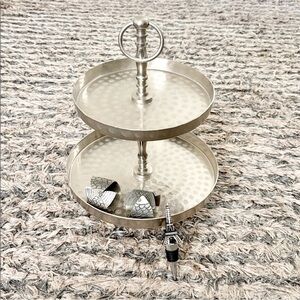 Silver 2-Tiered Stand, 2 Fish Napkin Rings & Crystaled Eiffel Tower Wine Stopper